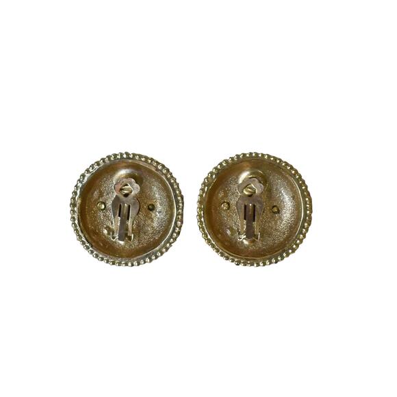1980s Gold Plate Black Enamel Red Crystal Round Designer Statement Clip Earrings - Picture 2 of 3
